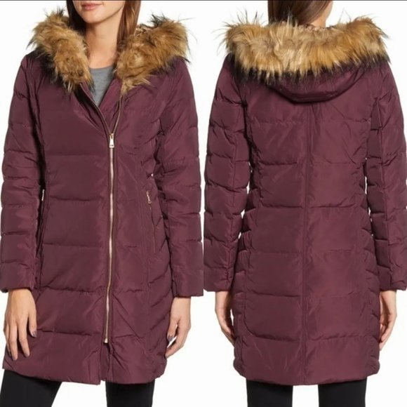 Cole Haan Down Coat L Quilted Puffer Hooded Merlot Cole Haan Cole Haan - Picture 1 of 13